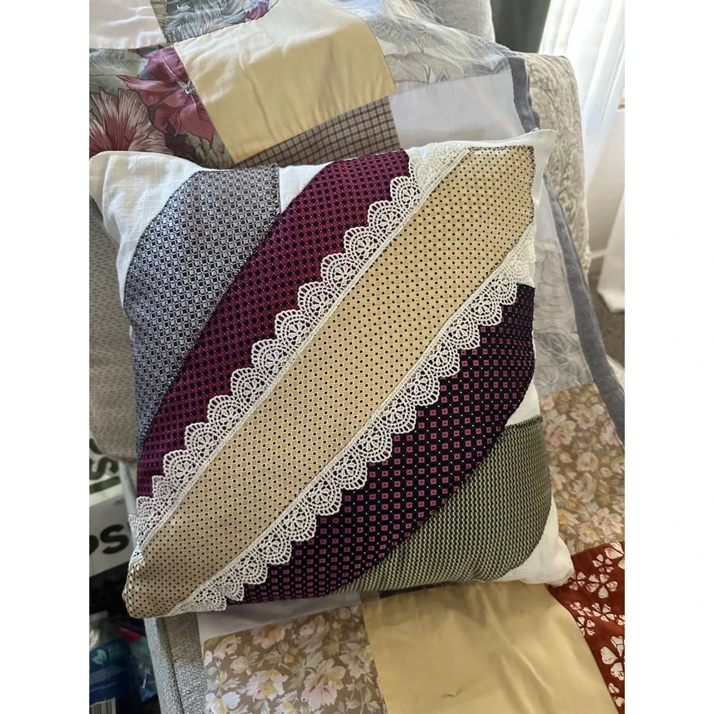 Vintage Necktie Patchwork Pillow Silk-Feel Menswear‎ Accent Cushion Lace Trim